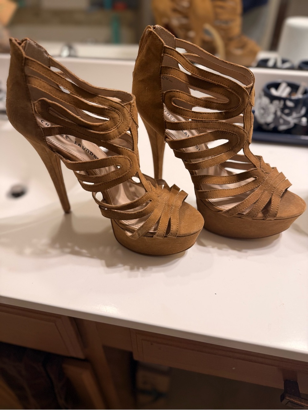 Chinese Laundry Tan Suede Strappy Platform Stiletto Heels